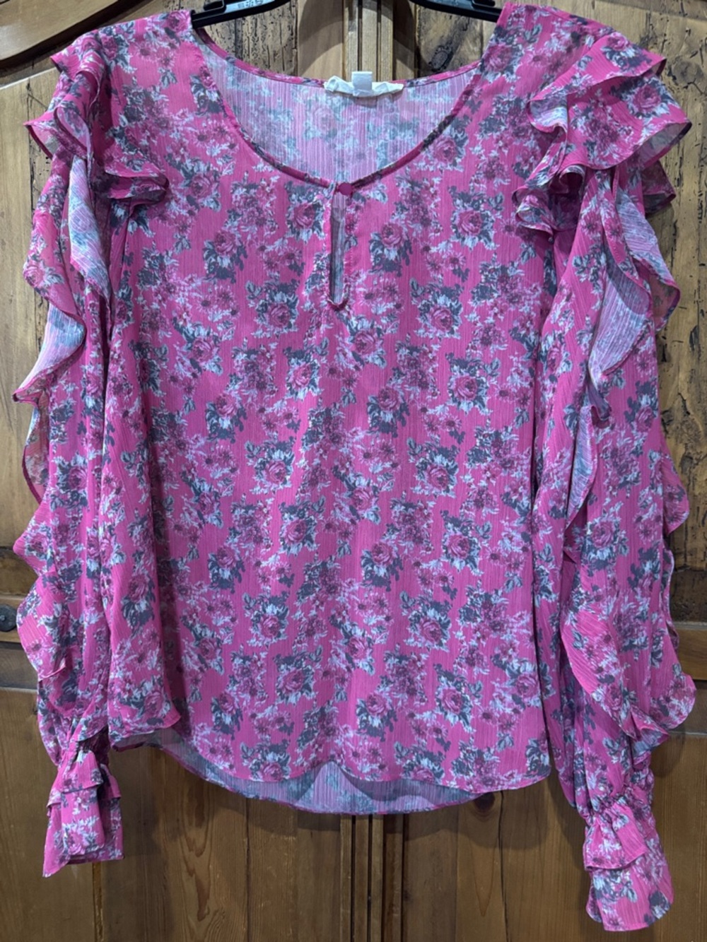 Shabby Chic Pink Floral Ruffle-Sleeve Blouse